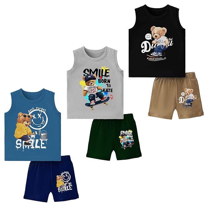 TS LAVI TAVI Boys Sleeveless T Shirt & Shorts Set | Pack of 3 Summer Cotton Co-Ord | Teddy Skate Print Vest & Lower Combo for Kids